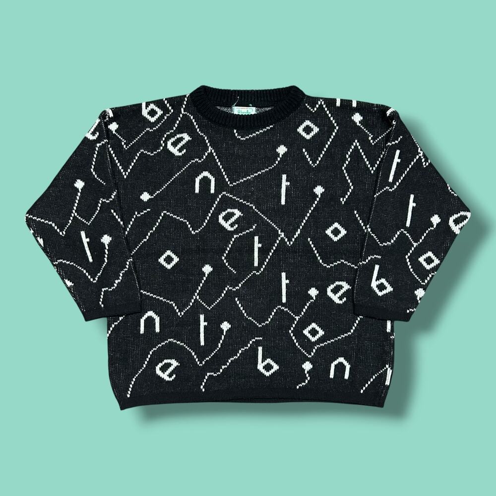 Vintage Benetton Alpaca Wool Sweater 90s Made in Italy Abstract Knit Black 46